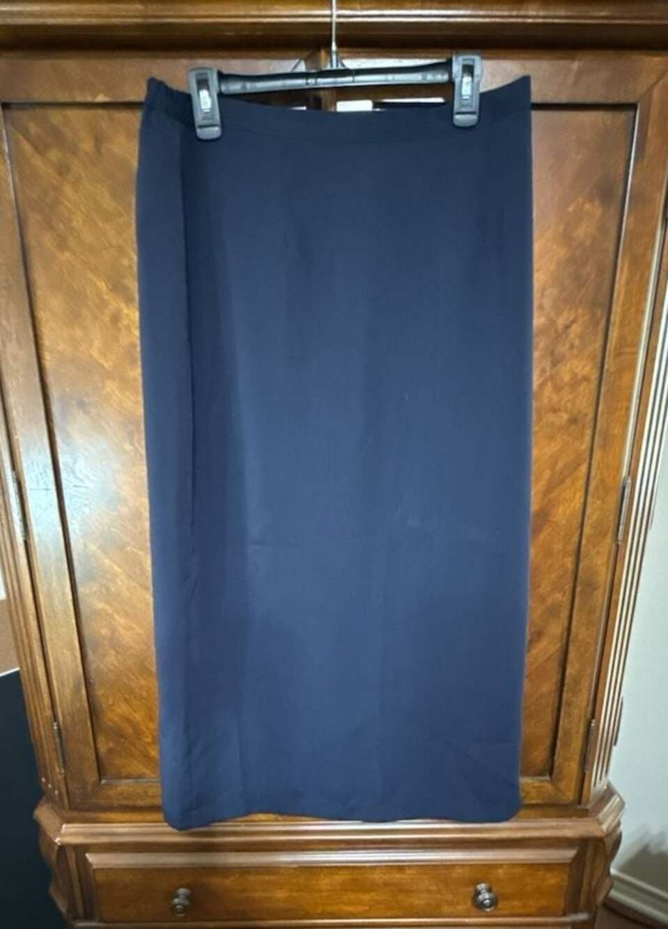 Navy Blue Midi Skirt with Elastic Back Waist and Side Zipper